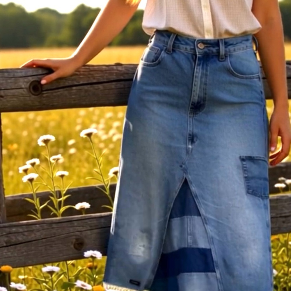Upcycled Denim Patchwork Maxi Skirt